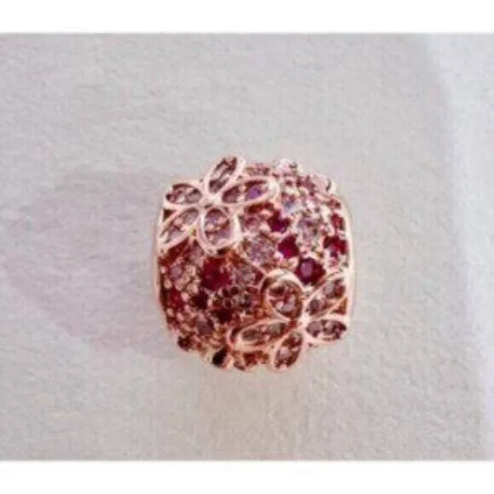 Pink Pav Daisy Flower Charm - 14k rose gold - Fits Pandora Charm Bracelets